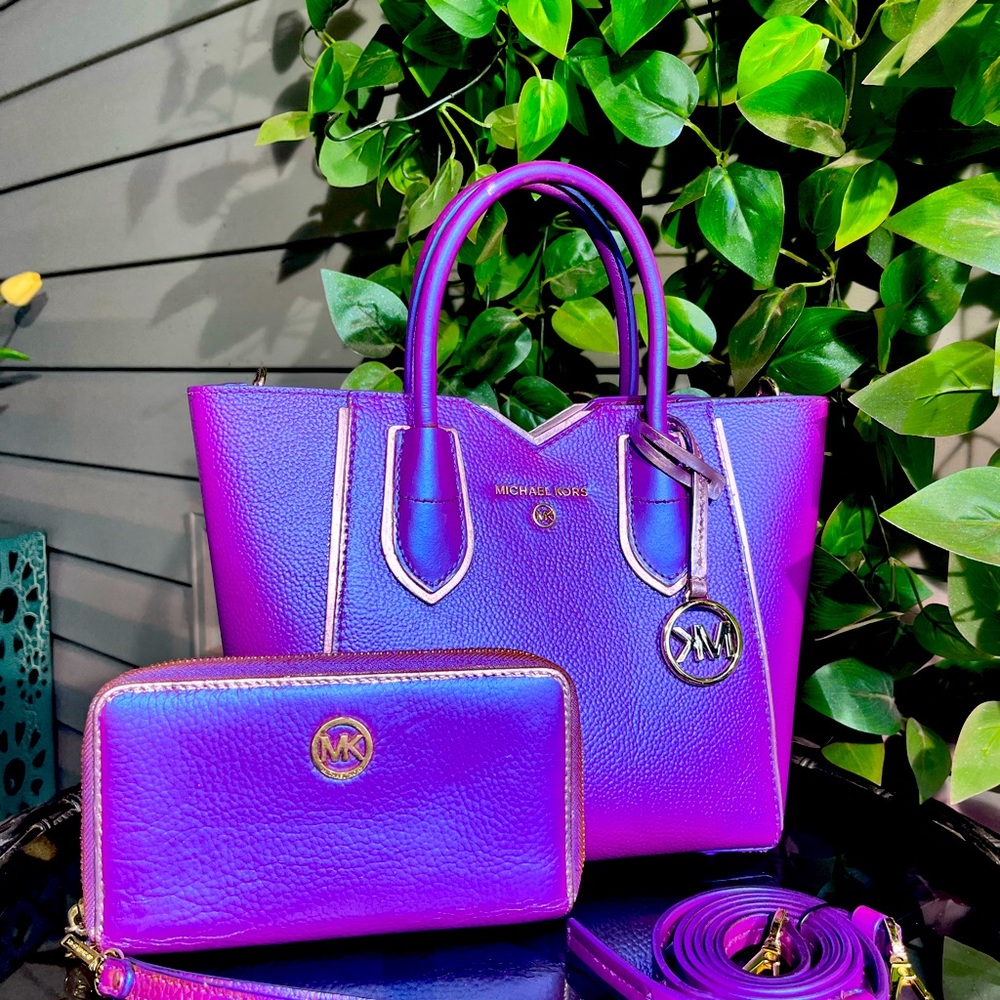 IRIDESCENT Fushia & MIRRORED Mauve Leather Sm.-Med. Michael Kors Purse & Wallet